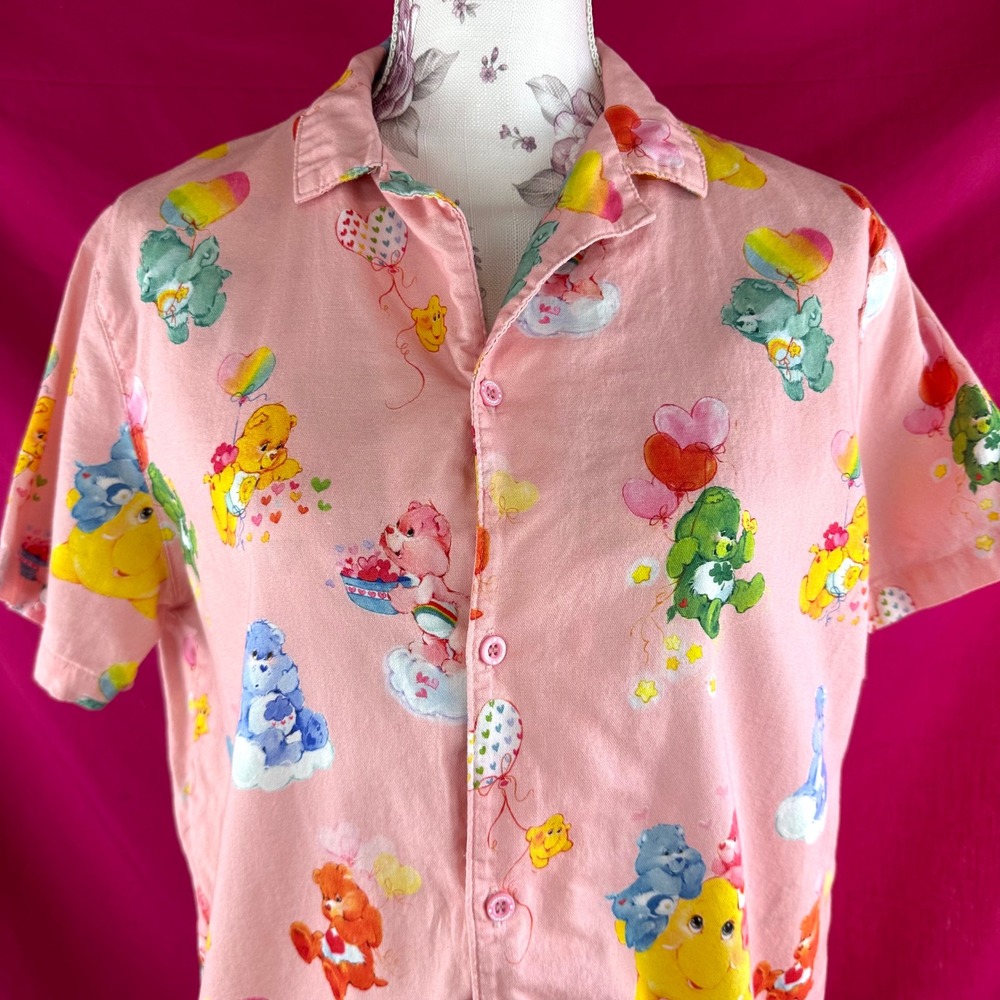 Care Bears Cakeworthy Pink Short Sleeve Button Up Shirt Kidcore Cartoon‎ Medium